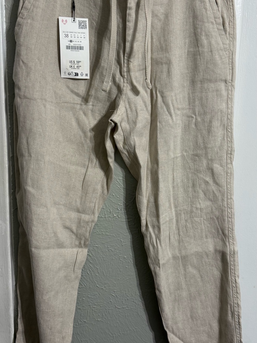 Zara Beige Drawstring Linen-Blend Chinos